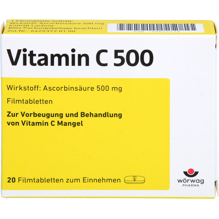 Wörwag Vitamin C 500 Filmtabletten bei Vitamin C Mangel, 20 St. Tabletten