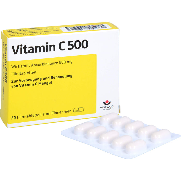 Wörwag Vitamin C 500 Filmtabletten bei Vitamin C Mangel, 20 St. Tabletten