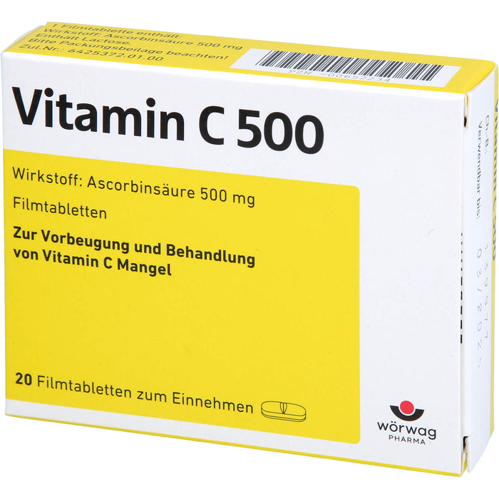 Wörwag Vitamin C 500 Filmtabletten bei Vitamin C Mangel, 20 St. Tabletten