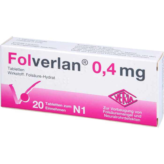 VERLA Folverlan 0,4 mg Tabletten zur Vorbeugung von Folsäuremangel und Neuralrohrdefekten, 20 pcs. Tablets