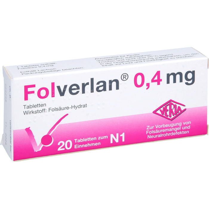 VERLA Folverlan 0,4 mg Tabletten zur Vorbeugung von Folsäuremangel und Neuralrohrdefekten, 20 pcs. Tablets