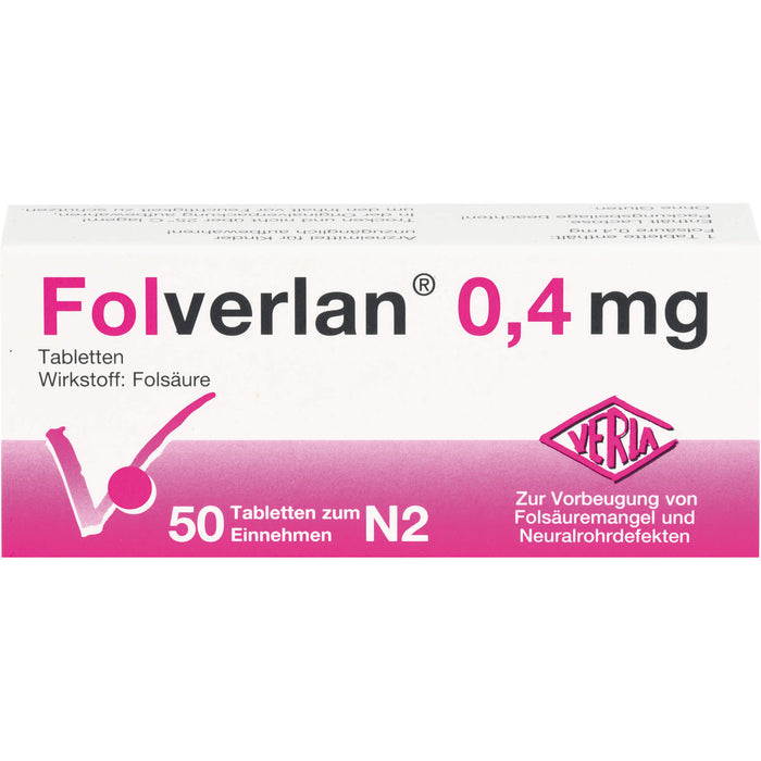 Folverlan 0,4 mg Tabletten zur Vorbeugung von Folsäuremangel und Neuralrohrdefekten, 50 pc Tablettes