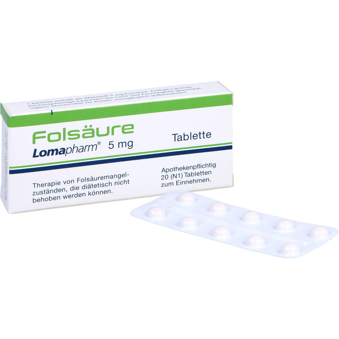 Folsäure Lomapharm 5 mg Tabletten bei gesteigertem Folsäurebedarf, 20 St. Tabletten