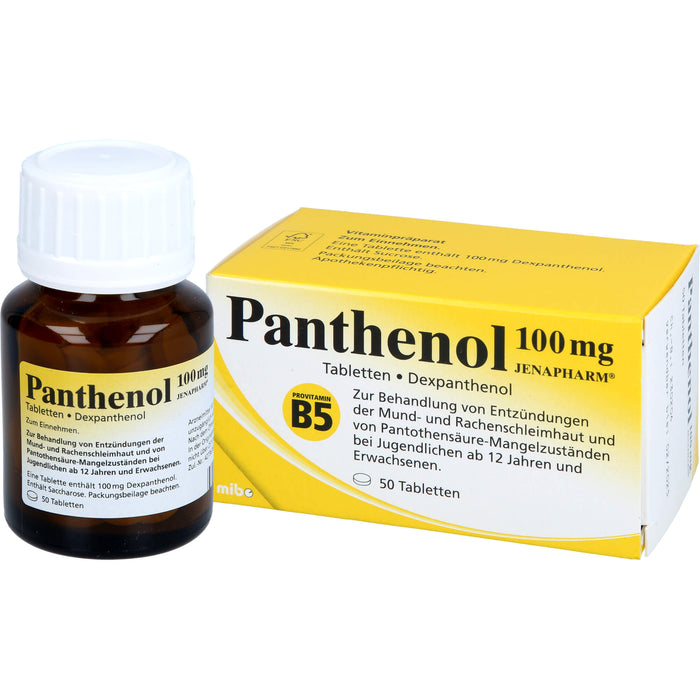 Panthenol 100 mg JENAPHARM Tabletten zur Behandlung von Entzündungen der Mund- und Rachenschleimhaut und von Pantothensäure-Mangelzuständen, 50 St. Tabletten