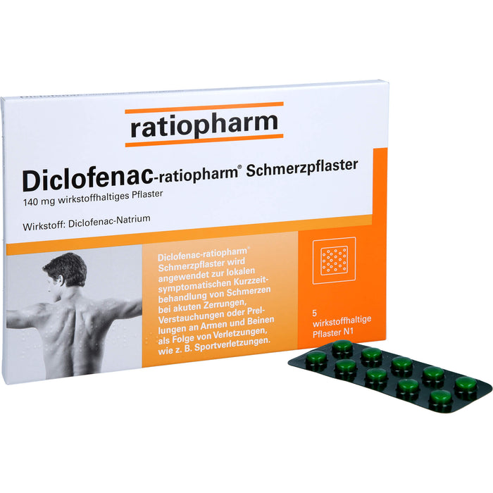 Diclofenac-ratiopharm Schmerzpflaster, 140 mg wirkstoffhaltiges Pflaster, 5 pc Pansement