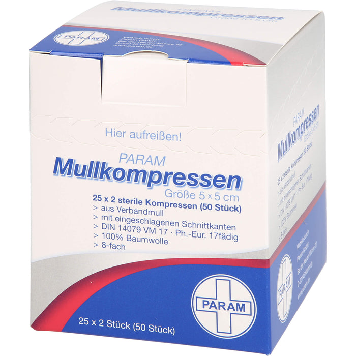 PARAM Mullkompressen 5 cm x 5 cm steril 8-fach, 50 pc Compresses