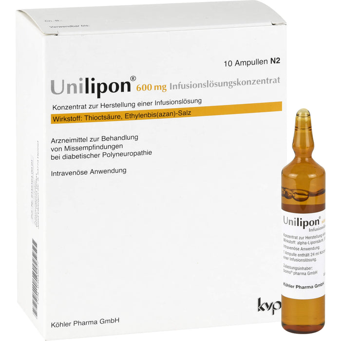 Unilipon 600 mg Infusionslösungskonzentrat bei Missempfindungen bei diabetischer Polyneuropathie, 10 St. Ampullen