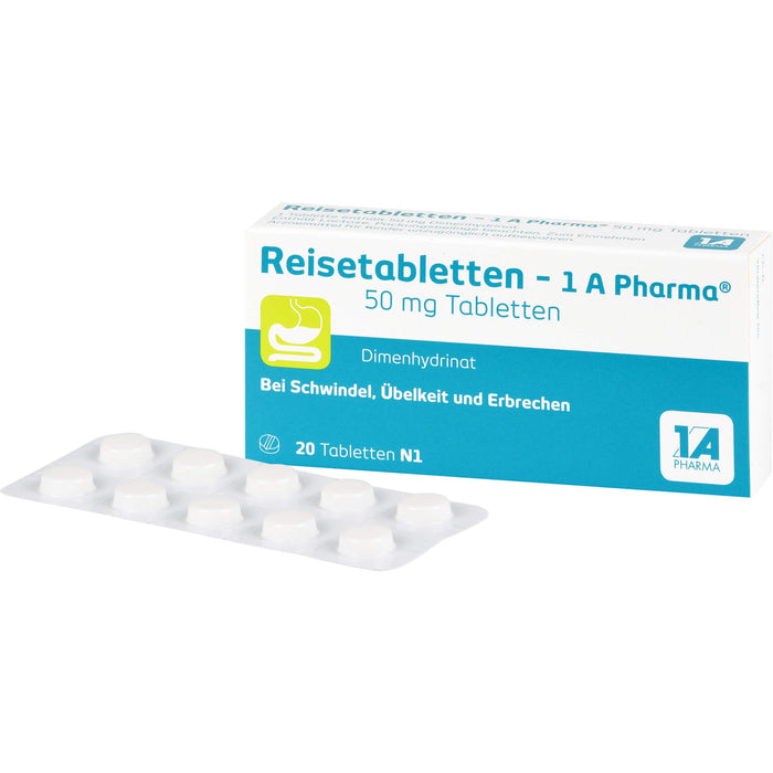 Reisetabletten - 1A Pharma bei Schwindel, Übelkeit und Erbrechen, 20 pc Tablettes