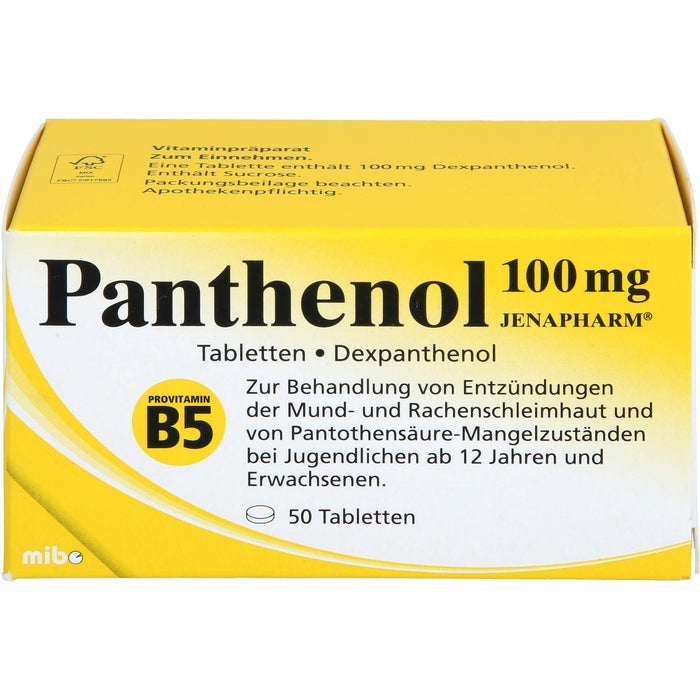 Panthenol 100 mg JENAPHARM Tabletten zur Behandlung von Entzündungen der Mund- und Rachenschleimhaut und von Pantothensäure-Mangelzuständen, 50 St. Tabletten