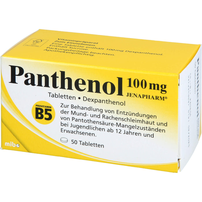 Panthenol 100 mg JENAPHARM Tabletten zur Behandlung von Entzündungen der Mund- und Rachenschleimhaut und von Pantothensäure-Mangelzuständen, 50 pcs. Tablets