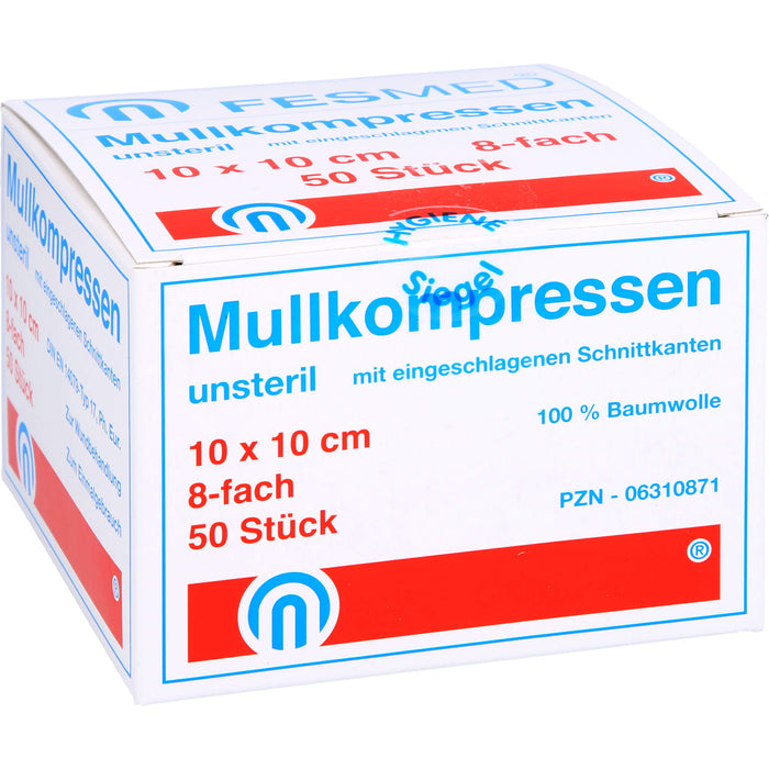 FESMED ES-Mullkompressen 10 x 10 cm 8fach unsteril mit eingeschlagenen Schnittkanten, 50 pc Compresses