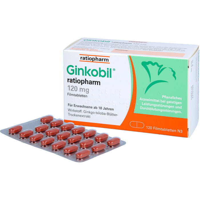 Ginkobil ratiopharm 120 mg Filmtabletten bei geistigen Leistungsstörungen und Durchblutungsstörungen, 120 pc Tablettes