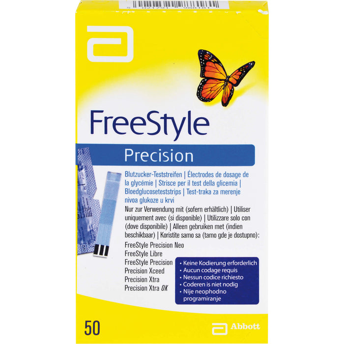 FreeStyle Precision Blutzucker-Teststrreifen ohne Codieren, 50 pc Bandelettes réactives