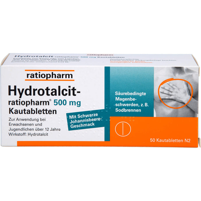 Hydrotalcit-ratiopharm 500 mg Kautabletten bei säurebedingte Magenbeschwerden wie Sodbrennen, 50 pc Tablettes