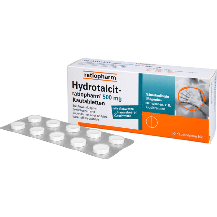 Hydrotalcit-ratiopharm 500 mg Kautabletten bei säurebedingte Magenbeschwerden wie Sodbrennen, 50 St. Tabletten