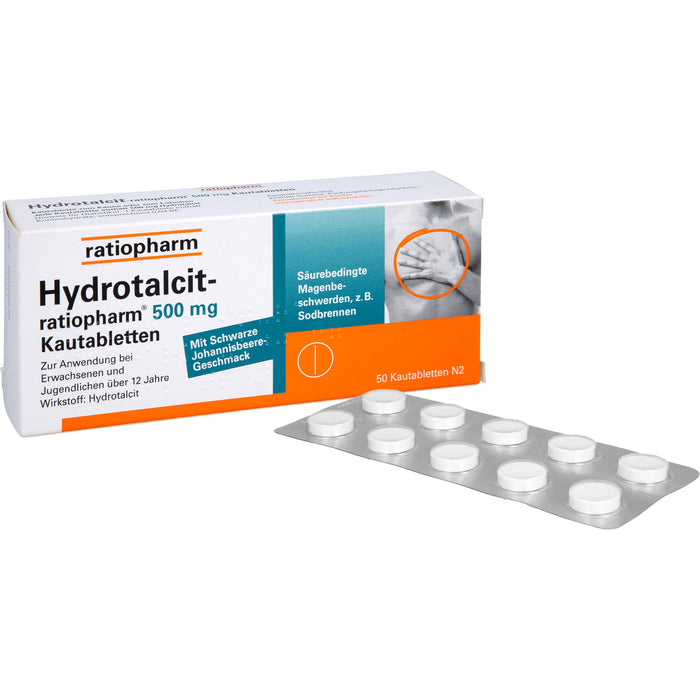 Hydrotalcit-ratiopharm 500 mg Kautabletten bei säurebedingte Magenbeschwerden wie Sodbrennen, 50 pcs. Tablets