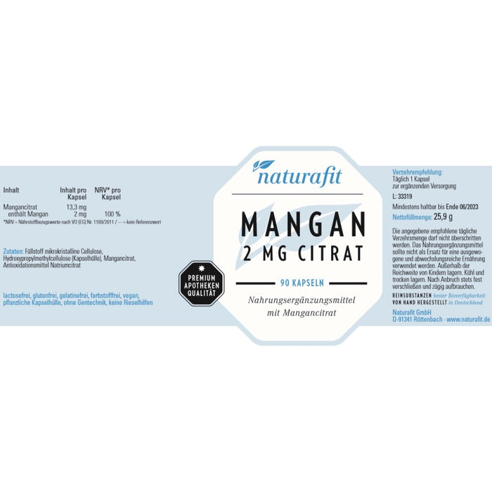 naturafit Mangan 2 mg Citrat Kapseln, 90 pcs. Capsules