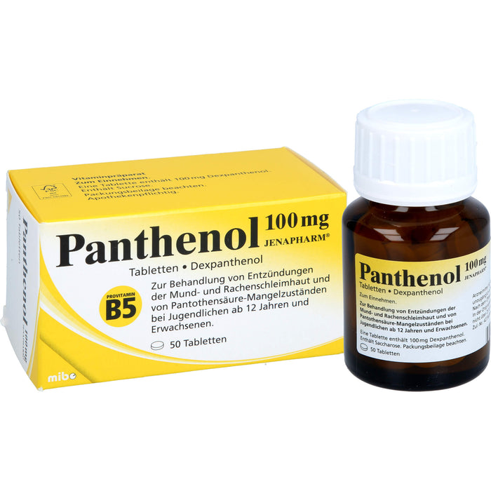 Panthenol 100 mg JENAPHARM Tabletten zur Behandlung von Entzündungen der Mund- und Rachenschleimhaut und von Pantothensäure-Mangelzuständen, 50 pcs. Tablets