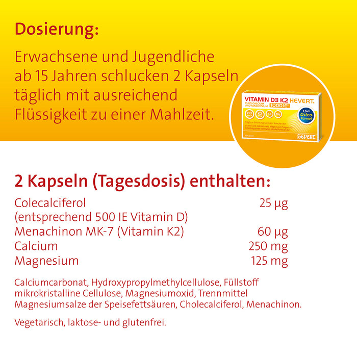 Vitamin D3 K2 Hevert plus Calcium und Magnesium 1.000 I.E. mit 4-fach Osteo-Formel für gesunde Knochen und Muskeln, 120 St. Kapseln