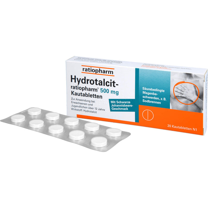 Hydrotalcit-ratiopharm 500 mg Kautabletten bei säurebedingte Magenbeschwerden wie Sodbrennen, 20 St. Tabletten