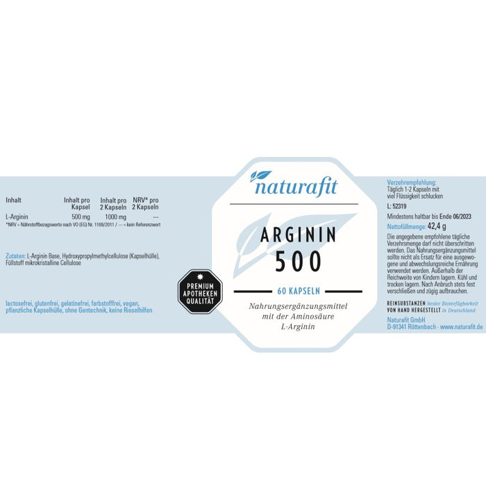 naturafit Arginin 500 Kapseln, 60 pc Capsules