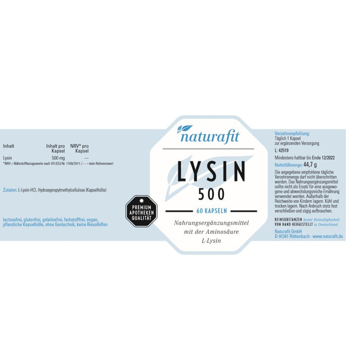 naturafit Lysin 500 Kapseln, 60 pc Capsules