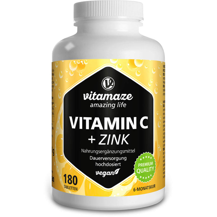 Vitamaze Vitamin C 1000 mg hochdosiert + Zink vegane Tabletten, 180 pc Tablettes