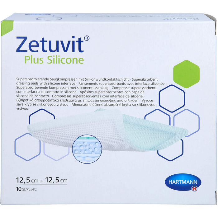 Zetuvit Plus Silicone steril 12,5 cm x 12,5 cm superabsorbierende Saugkompressen mit Silikonwundkontaktschicht, 10 pc Compresses