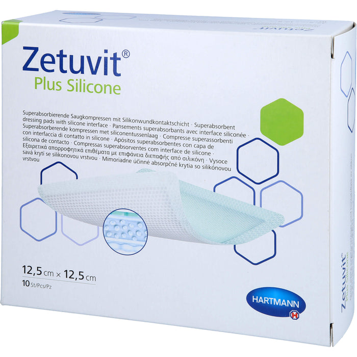 Zetuvit Plus Silicone steril 12,5 cm x 12,5 cm superabsorbierende Saugkompressen mit Silikonwundkontaktschicht, 10 pc Compresses