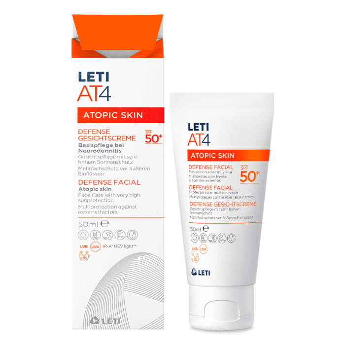 LETI AT4 Defense Gesichtscreme SPF 50+ - Wasserabweisende, hautschützende Gesichtspflege mit hohem Sonnenschutz (SPF 50+) bei trockener oder zu Neurodermitis neigender Haut, 50 ml Cream