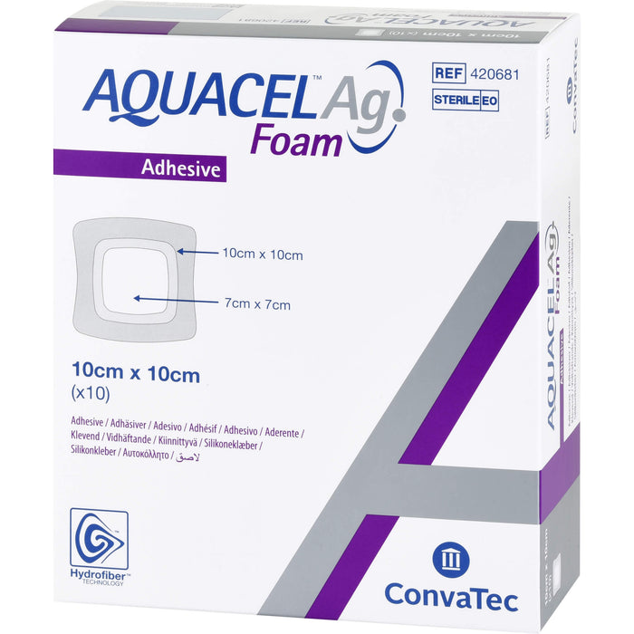 Aquacel Ag Foam adhäsiv 10x10 cm Verband, 10 St VER