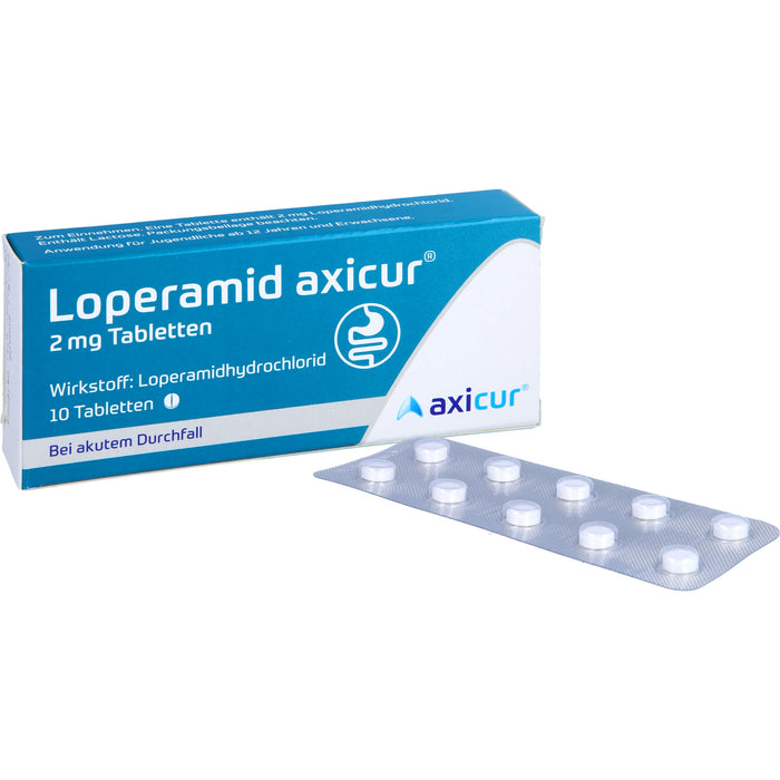 Loperamid axicur 2 mg Tabletten bei akutem Durchfall, 10 pc Tablettes