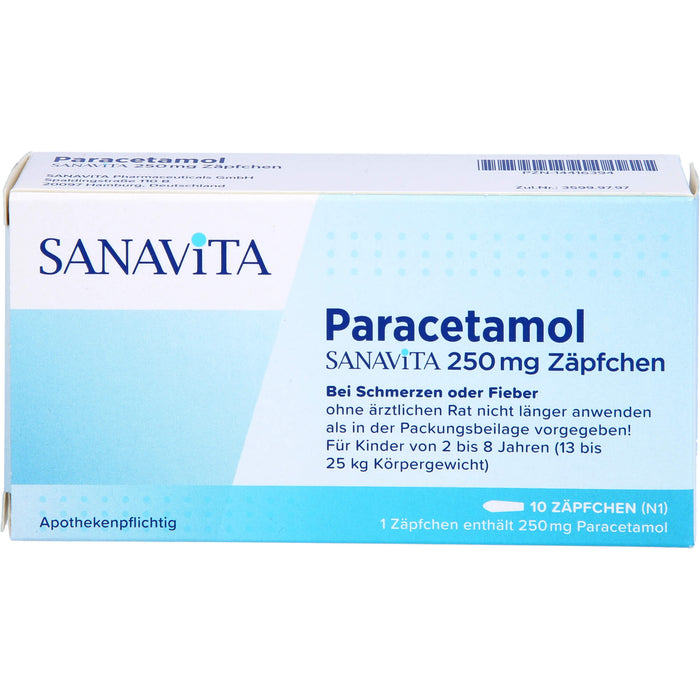 SANAVITA Paracetamol 250 mg Zäpfchen bei Schmerzen und Fieber, 10 pc Suppositoires