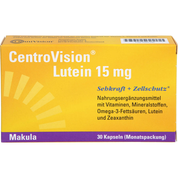 CentroVision Lutein 15 mg Kapseln für Sehkraft und Zellschutz, 30 pcs. Capsules