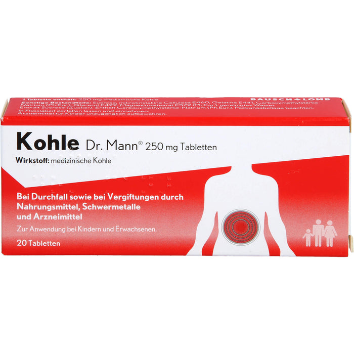 Kohle Dr. Mann 250 mg Tabletten bei Durchfall sowie bei Vergiftungen  durch Nahrungsmittel, 20 pc Tablettes