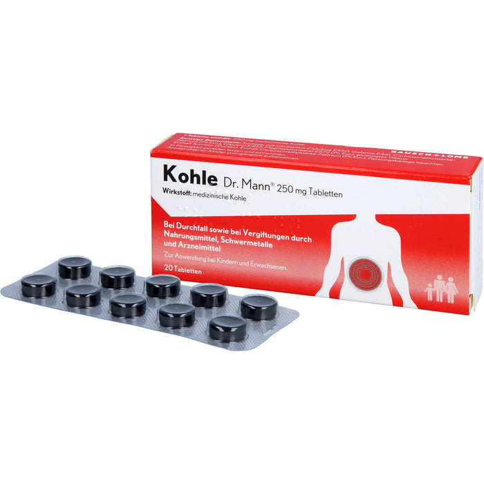 Kohle Dr. Mann 250 mg Tabletten bei Durchfall sowie bei Vergiftungen  durch Nahrungsmittel, 20 pc Tablettes