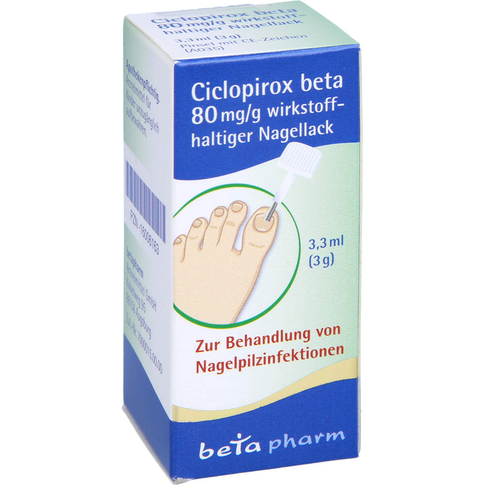 Ciclopirox beta 80 mg/g bei Nagelpilzinfektionen, 3.3 ml Vernis à ongles contenant une substance active