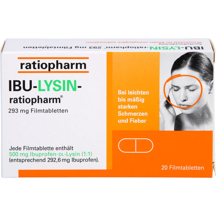 IBU-LYSIN-ratiopharm 293 mg Filmtabletten bei Schmerzen und Fieber, 20 pc Tablettes