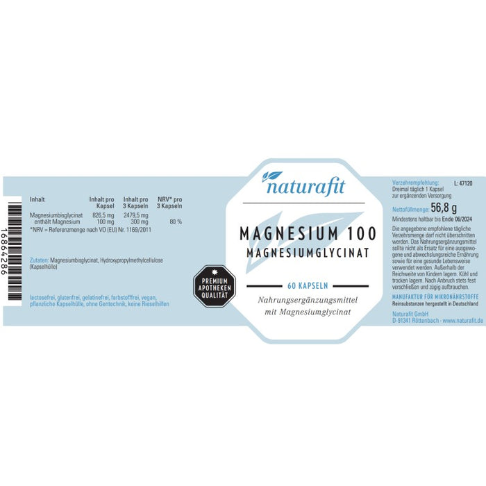 naturafit Magnesium 100 mg Magnesiumglycinat Kapseln, 60 St. Kapseln