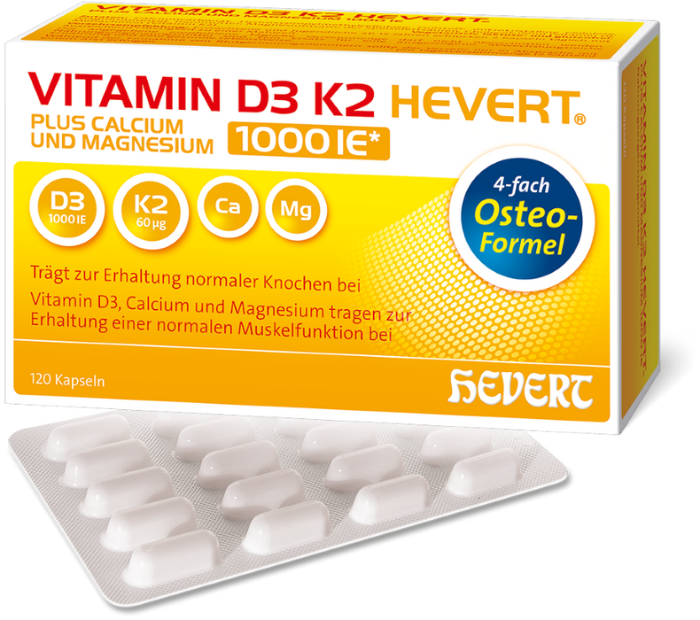 Vitamin D3 K2 Hevert plus Ca Mg 1000 IE/2 Kapseln, 120 pcs. Capsules