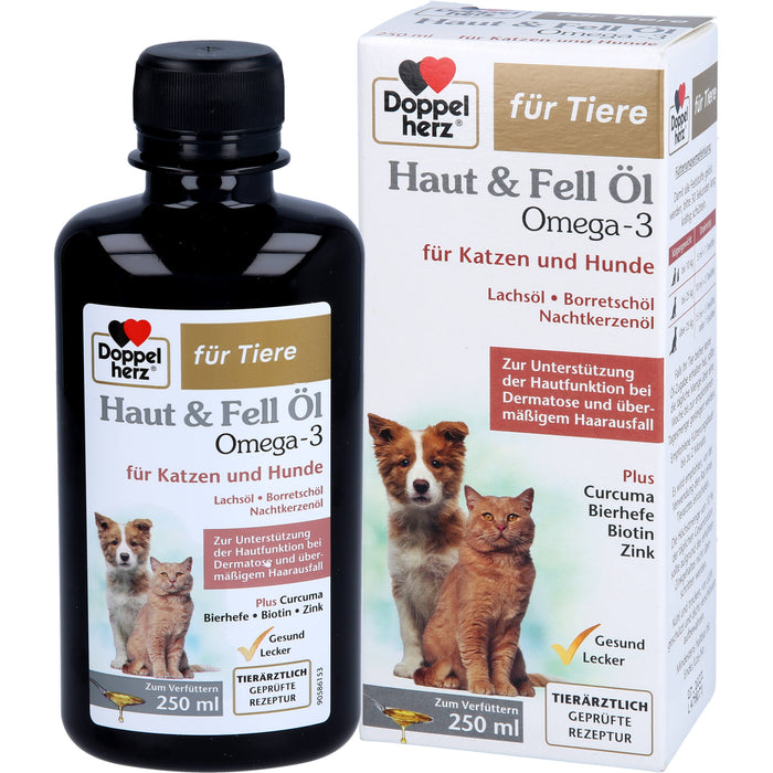 Doppelherz Haut & Fell Öl Omega 3 für Katzen + Hunde zur Unterstützung der Hautfunktion bei Dermatose und übermäßigem Haarausfall, 250 ml Solution