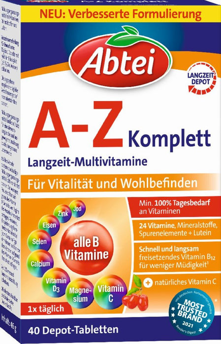 Abtei A-Z Komplett Tabletten Langzeit-Multivitamine für Vitalität und Wohlbefinden, 40 pc Tablettes