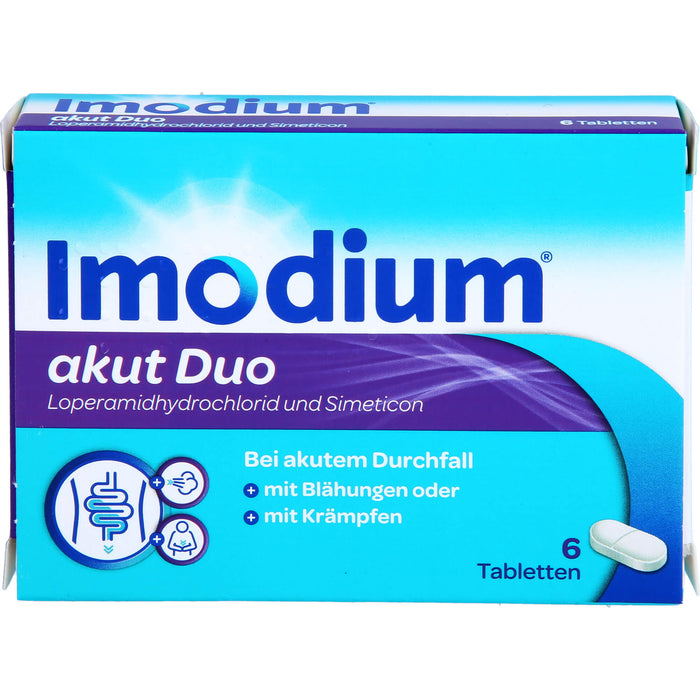 Imodium akut Duo 2 mg / 125 mg Tabletten bei akutem Durchfall mit Blähungen, 6 pcs. Tablets