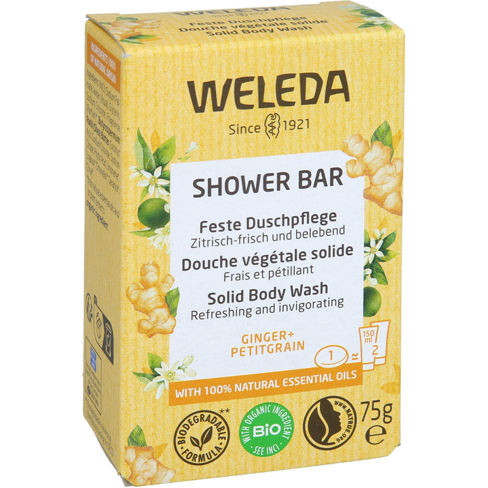 WELEDA Feste Duschpflege Ginger + Petitgrain zitrisch frisch und belebend, 75 g Seifenstück