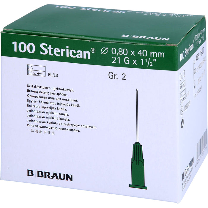B. Braun 100 Sterican Gr. 2 G21 x 1 1/2 Zoll 0,80 x 40 mm Einmal-Injektions-Kanüle grün, 100 St. Kanülen