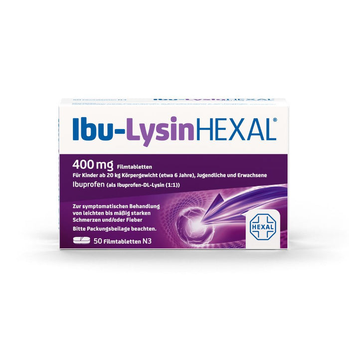 Ibu-Lysin Hexal 400 mg Filmtabletten bei Schmerzen und Fieber, 50 pc Tablettes