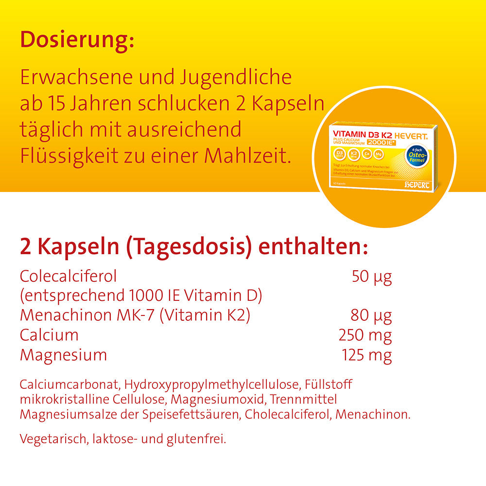 Vitamin D3 K2 Hevert plus Calcium und Magnesium 2000 IE, 60 St. Kapseln