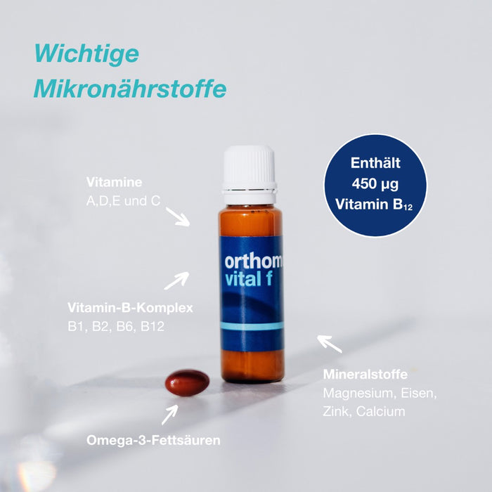 Orthomol Vital f - Mikronährstoffe für Frauen - bei Müdigkeit und Erschöpfung - mit B-Vitaminen, Omega-3-Fettsäuren und Magnesium - Trinkampullen/Kapseln, 7 St. Tagesportionen