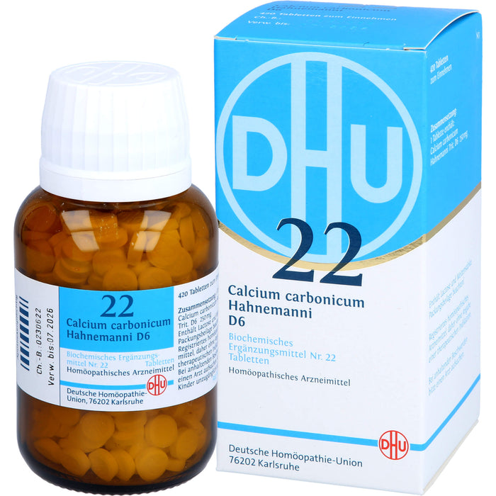 DHU Calcium carbonicum Hahnemanni D6 Biochemisches Ergänzungsmittel Nr. 22 – Das Mineralsalz des Calciumstoffwechsels und des Lymphsystems – umweltfreundlich im Arzneiglas, 420 pc Tablettes