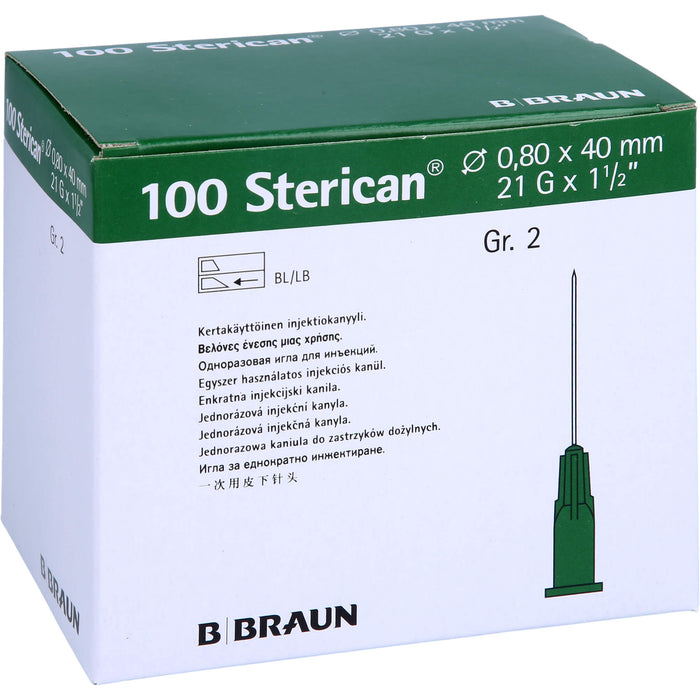 B. Braun 100 Sterican Gr. 2 G21 x 1 1/2 Zoll 0,80 x 40 mm Einmal-Injektions-Kanüle grün, 100 St. Kanülen